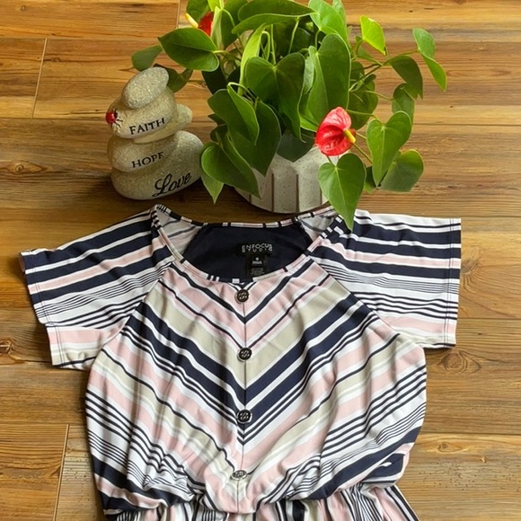💖Enfocus boat neck navy, white, pink and taupe stripe dress with elastic waist - Picture 3 of 4